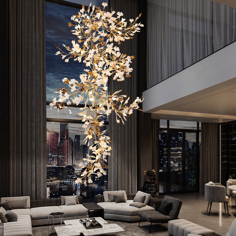 All-Copper Ginkgo Leaf Pendant Light for Dining Room, Living Room, Artistic Duplex Villa, Hotel, Industrial Style Lampshade, Modern Minimalist