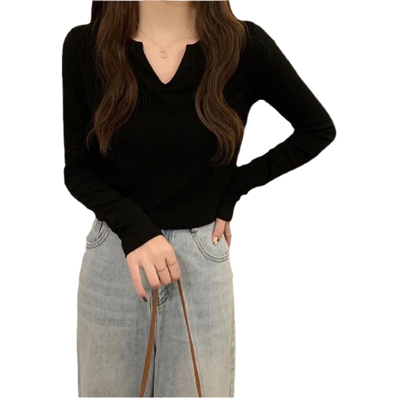 Camiseta única con cuello en V y manga larga para mujer, nueva colección primavera-otoño 2026, estilo coreano, corte ajustado, versátil, camiseta básica, top corto.