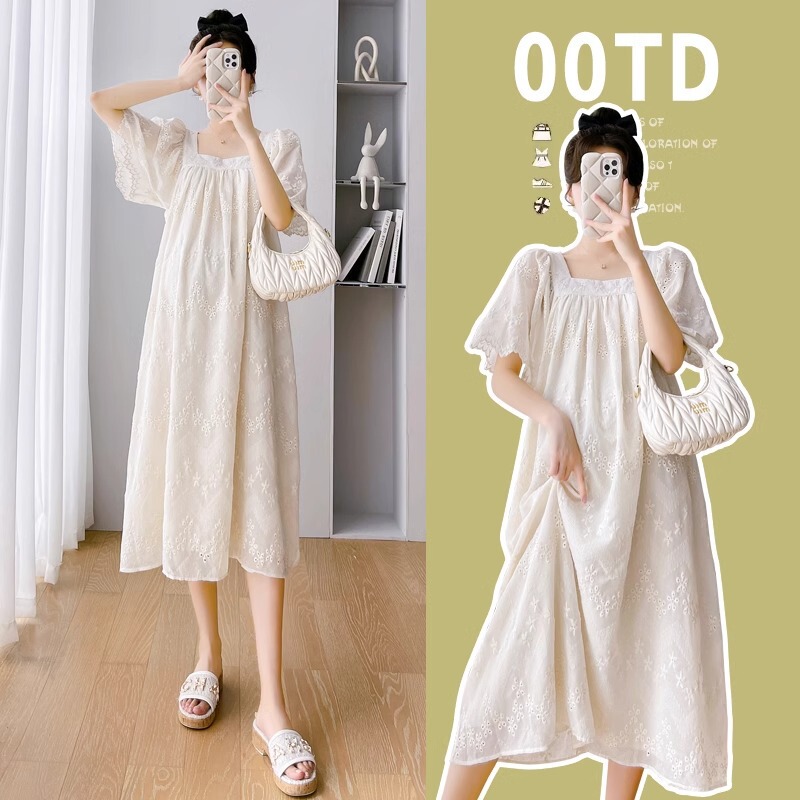 Maternity Dress Summer Dress French Retro Over-The-Knee Long Dress Loose Trendy Mom Dress Summer 2025 Maternity Dress