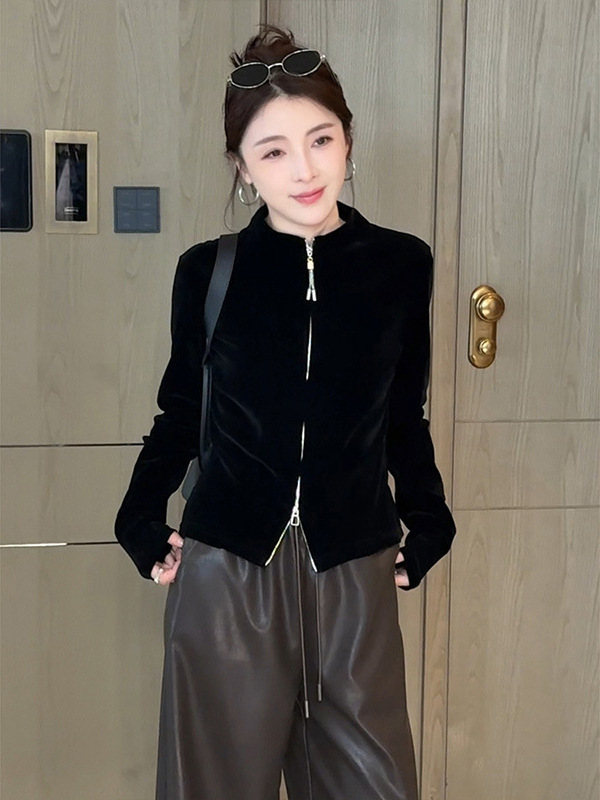 黑色双拉链丝绒长袖开衫外套女2025年秋季新款显瘦打底衫立领上衣|undefined