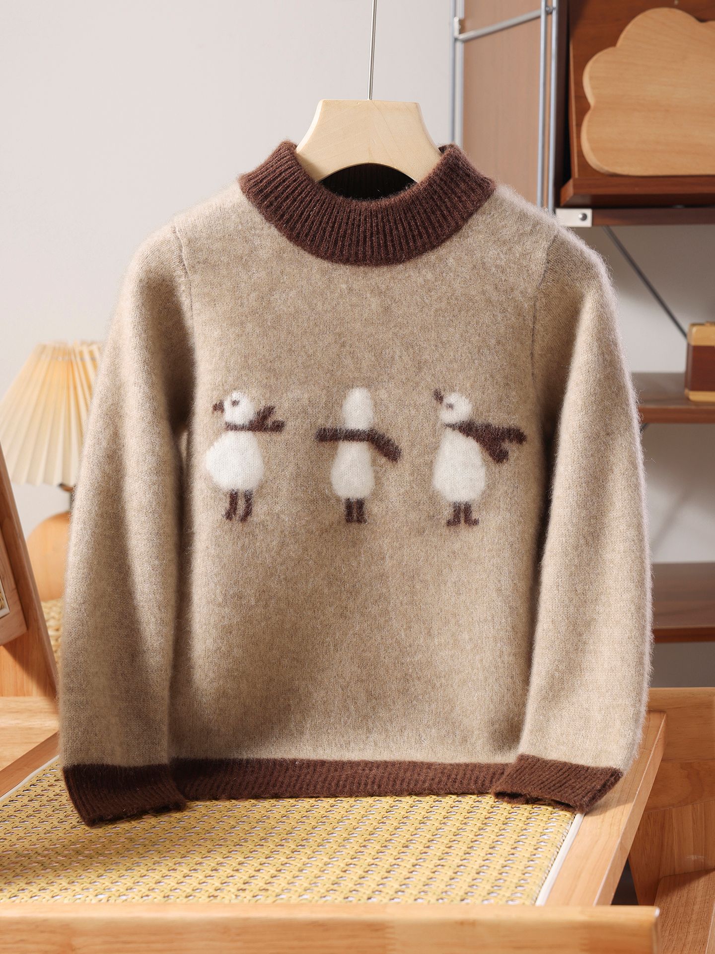 Children's jacquard wool sweater with color blocking, high neck, thickened pullover base layer for autumn and winter.