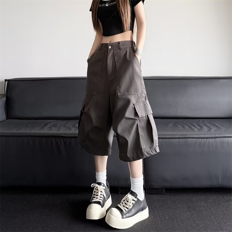 Khaki Cargo Cropped Pants for Women, Summer Thin American Style Loose Straight Shorts, Trendy Wide-Leg Over-The-Knee Casual Pants