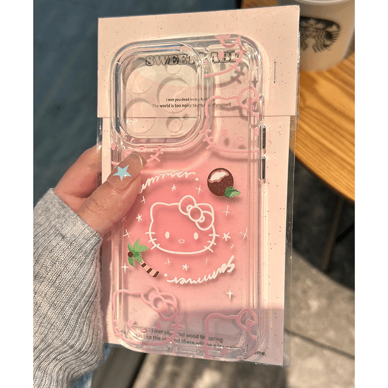 Pink Halo Coconut Tree Line Kt Suitable for Apple 16Promax Mobile Phone Case Iphone15Plus Soft Shell 14 Cartoon 13