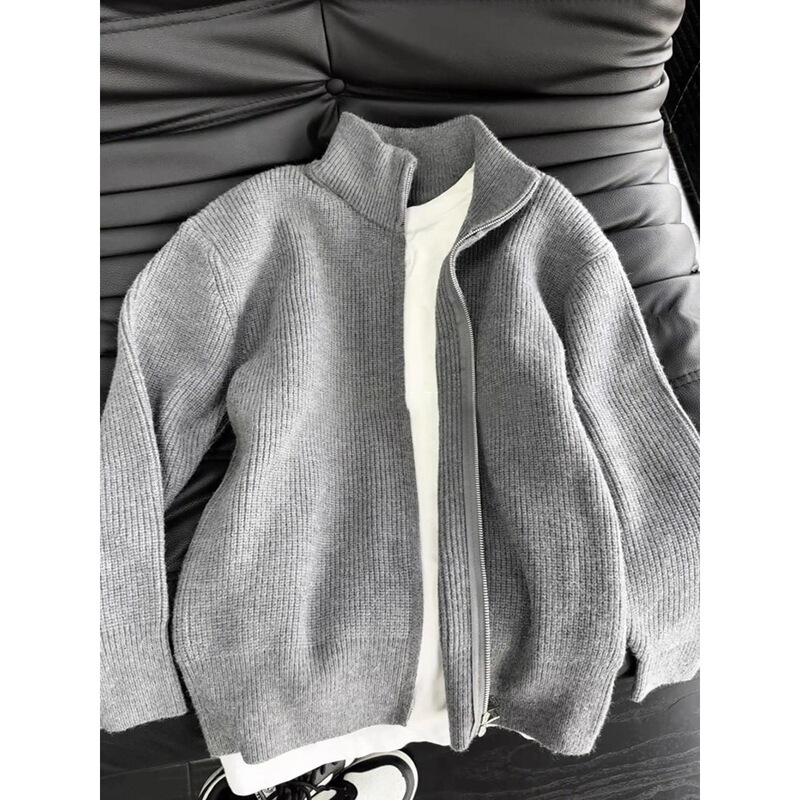 Cleanfit Gray Zipper Sweater Men's Autum Lazy Style Knitted Cardigan Jacket High-End Stand-Up Collar Jacket