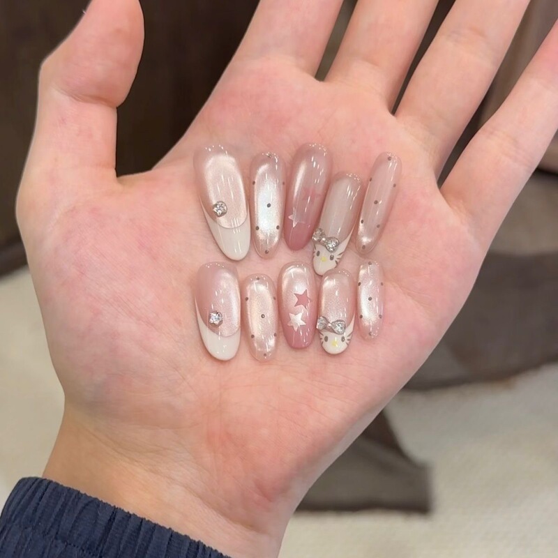 Peach Cute Kt Cat-Eye Nail Art Stickers with a Whitening Effect, Handmade Wearable Nail Patches, Detachable Bowknot, French Gentle Style, Popular Item Peach Cute Kt Cat-Eye Nail Art Stickers with a Whitening Effect, Handmade Wearable Nail Patches, Detachable Bowknot, French Gentle Style, Popular Item
