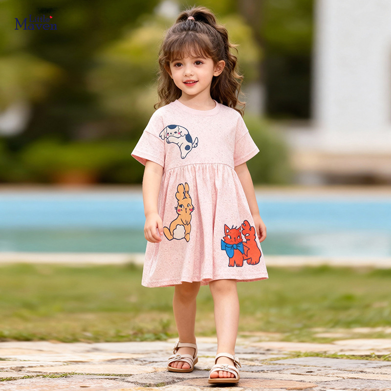 Little Maven Summer New Girls Short-Sleeved Dress Cartoon Kidsren's Skirt European and American Baby Skirt