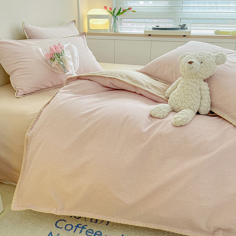 Nordic Striped Pure Cotton Bedding Set Four Piece Washed Bed Sheet_voghion.com