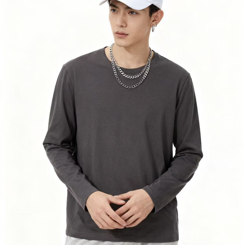 Pure Cotton T-Shirt Men's Long-Sleeved Loose Solid Color Gray Top Autumn Trendy Inner Layering Shirt All-Cotton Tee Pure Cotton T-Shirt Men's Long-Sleeved Loose Solid Color Gray Top Autumn Trendy Inner Layering Shirt All-Cotton Tee