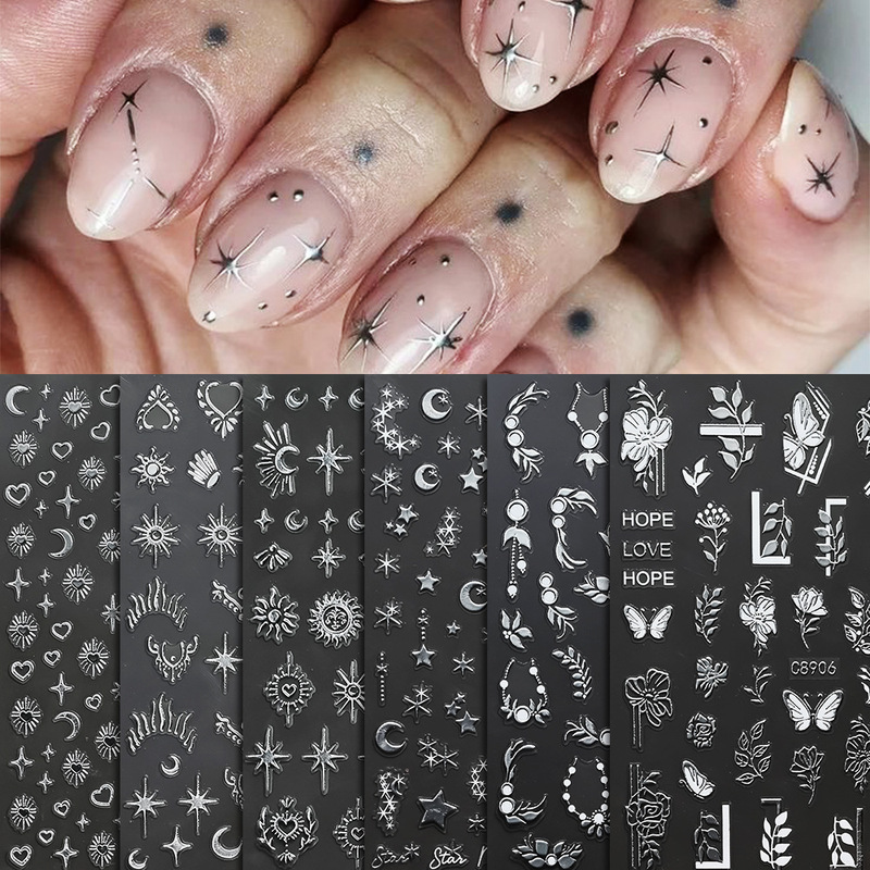 Gilding Hot Silver Star Moon Flower Nail Art Sticker Solid Color Simple Abstract Star Nail Decoration Adhesive Self-adhesive Sticker