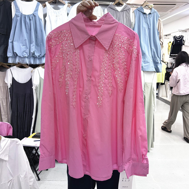 European Style Heavy Beaded Embroidery Turn-Down Collar Long-Sleeve Shirt for Women, New Spring and Autumn Design, Loose Casual Top, Trendy
