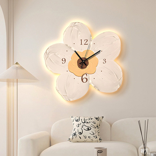 Modern simple frameless picture wall clock warm color density board carved flower quartz movement hall wall frameless picture wall clock