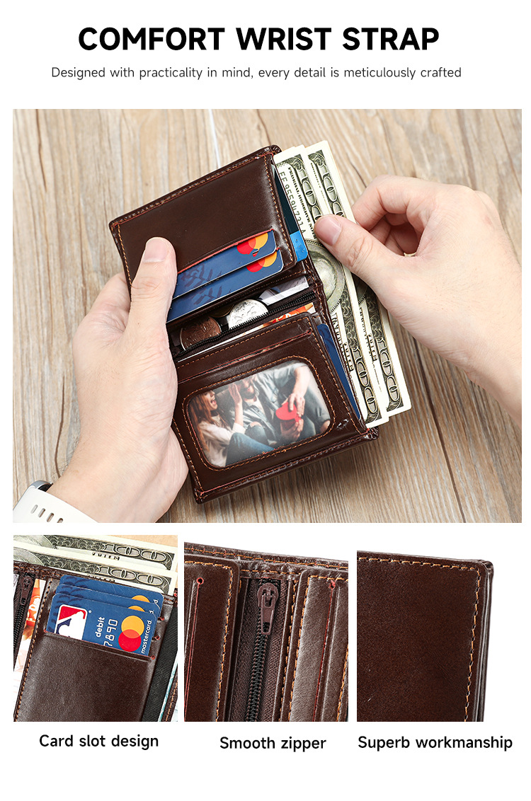 Ví nam da bò thật gập mini nhiều ngăn thẻ chống RFID — Đen, Cà phê, 8cm*2cm10.5cm chi tiết 4