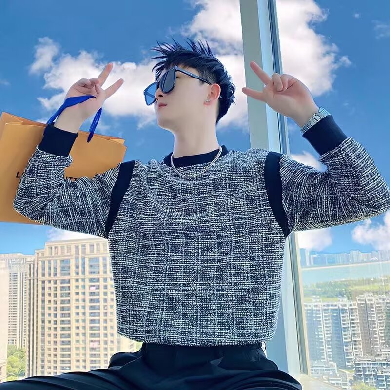 Sweatshirt For Men Spliced Round Neck Long Sleeve Pullover Jacket_voghion.com