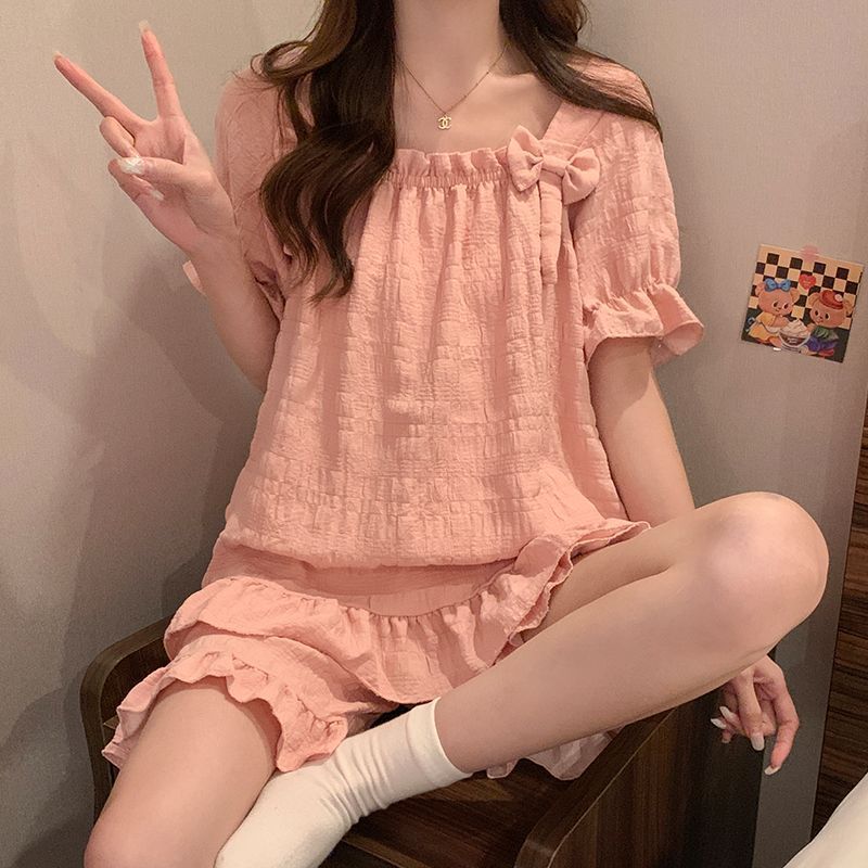Venta al por mayor transfronteriza estilo caliente verano nuevo pijama mujer nube algodón lazo pantalones cortos de manga corta traje de servicio a domicilio dulce