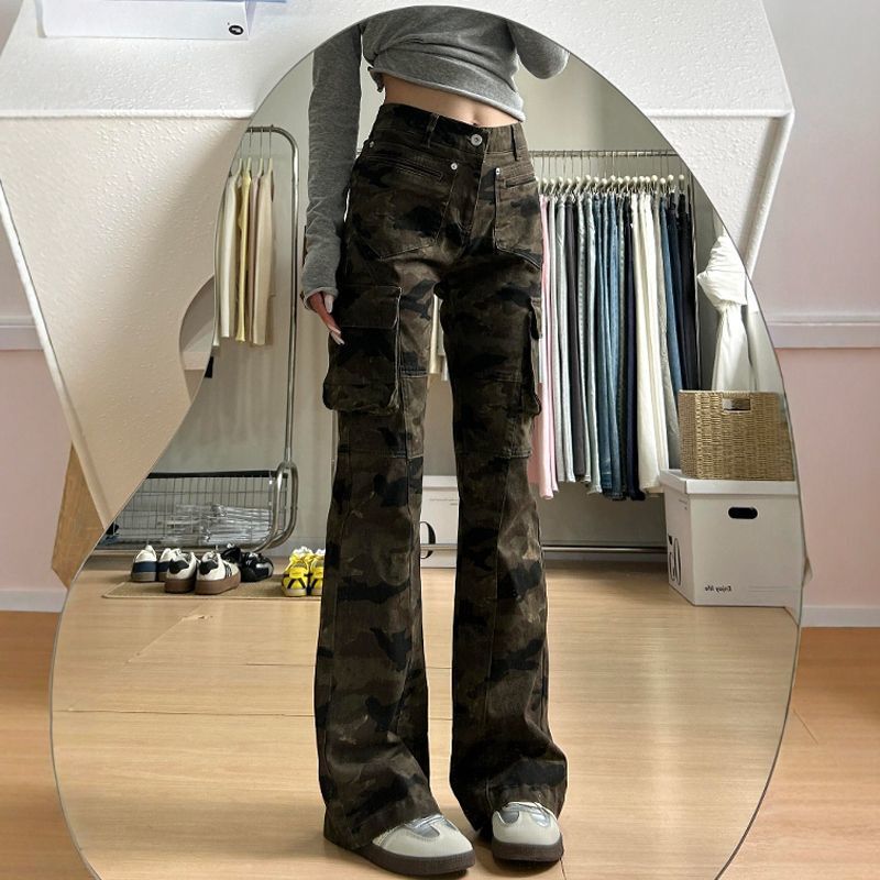 Camouflage Micro-Flared Cargo Jeans for Women, Cool and Cool, Petite, Multi-Pocket Street Slimming Casual Horseshoe Pants Camouflage Micro-Flared Cargo Jeans for Women, Cool and Cool, Petite, Multi-Pocket Street Slimming Casual Horseshoe Pants
