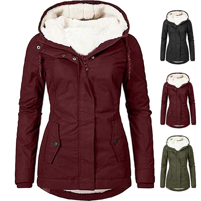 European and American Export 2025 Cross-Border New Product Pure Color Hooded Long-Sleeved Flap Pocket Pants Zipper Fleece-Lined Warm Cotton Jacket for Women