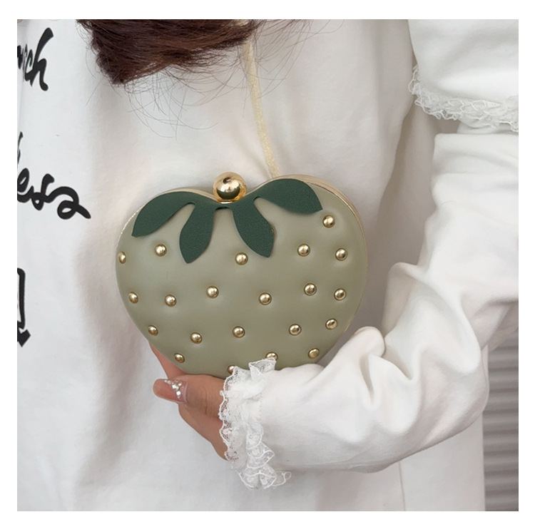 Strawberry Pattern Women's Medium Pu Leather Strawberry Cute Rivet Round Clasp Frame Crossbody Bag