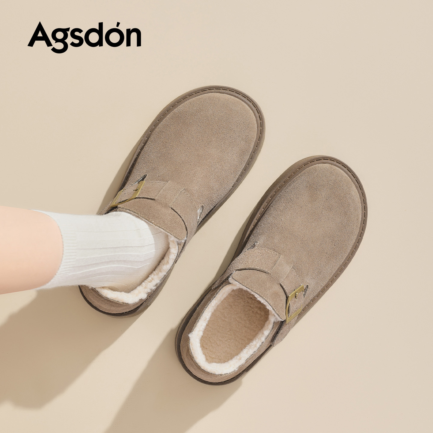 Augu Shi Deng fondo grueso más vello Bocken zapatos mujeres 2025 nuevo invierno un pie todo incluido zapatos de lana zapatos de algodón