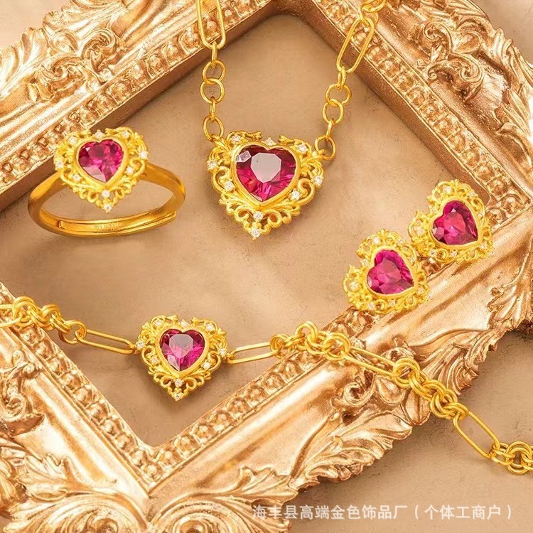 New Style Imitation Vietnam Sand Gold Sweet Wine Red Heart Gold Heart Ring Red Diamond Light Luxury Flower Silk Love Wedding Ring Gift
