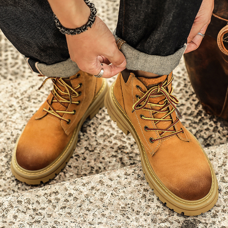 Pánské vysoké pracovní boty, podzimní boty, velké žluté boty, boty s velkou špičkou, párové boty_voghion.com