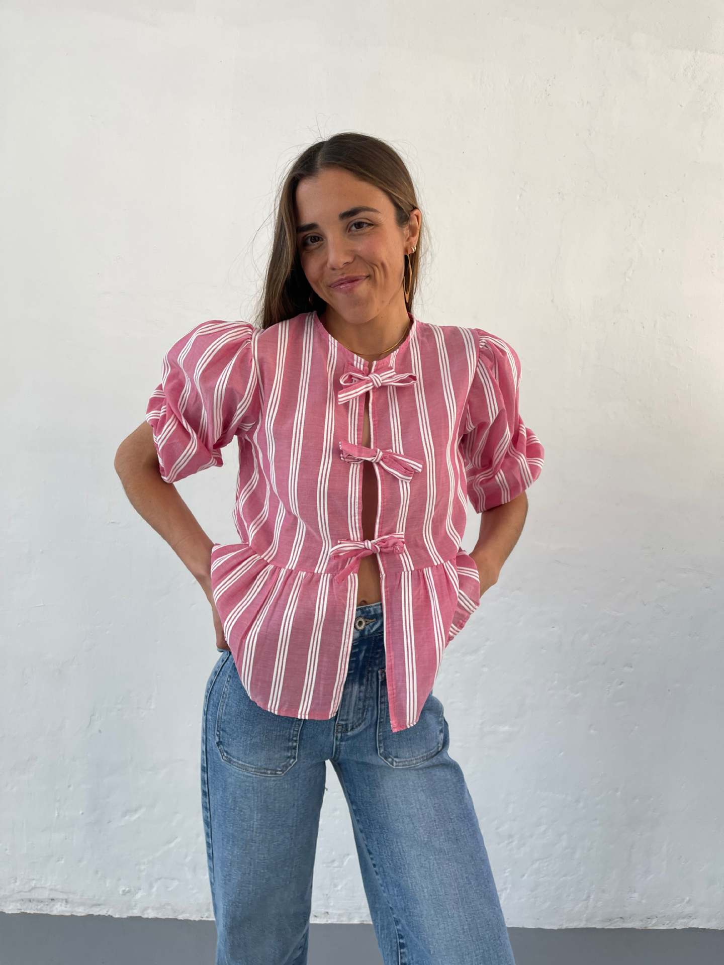 210g Weight Half Sleeve Sleeve Length Tie Placket Type Regular Sleeve Sleeve Type Polyester Fabric Type Regular Top Length Blouse Tops Type Holiday Occasion Round Neck Neckline Loose Fit Type Stripe Pattern Summer, Spring Season Women's Gender Streetwear Style Wholesale Women's Streetwear Stripe Half Sleeve Blouses 13