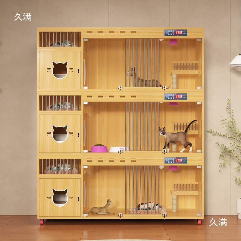 Cat Villa Solid Wood Cat Nest Constant Temperature Cat Cabinet Three-Story Luxury Pet Display Cabinet Home Breeding Cattery Foster Care Cat Cage