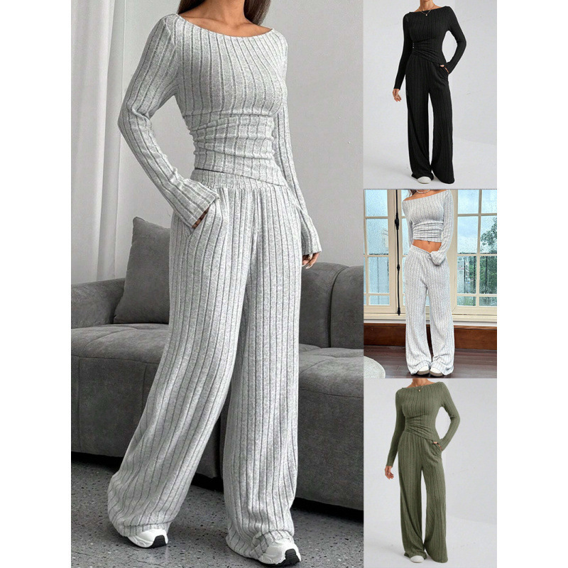 Foreign Trade European and American Cross-Border 2025 Autumn and Winter Casual Pure Color High-Neck Knitted Long-Sleeved Suit Women's Loose Pants Two-Piece Set