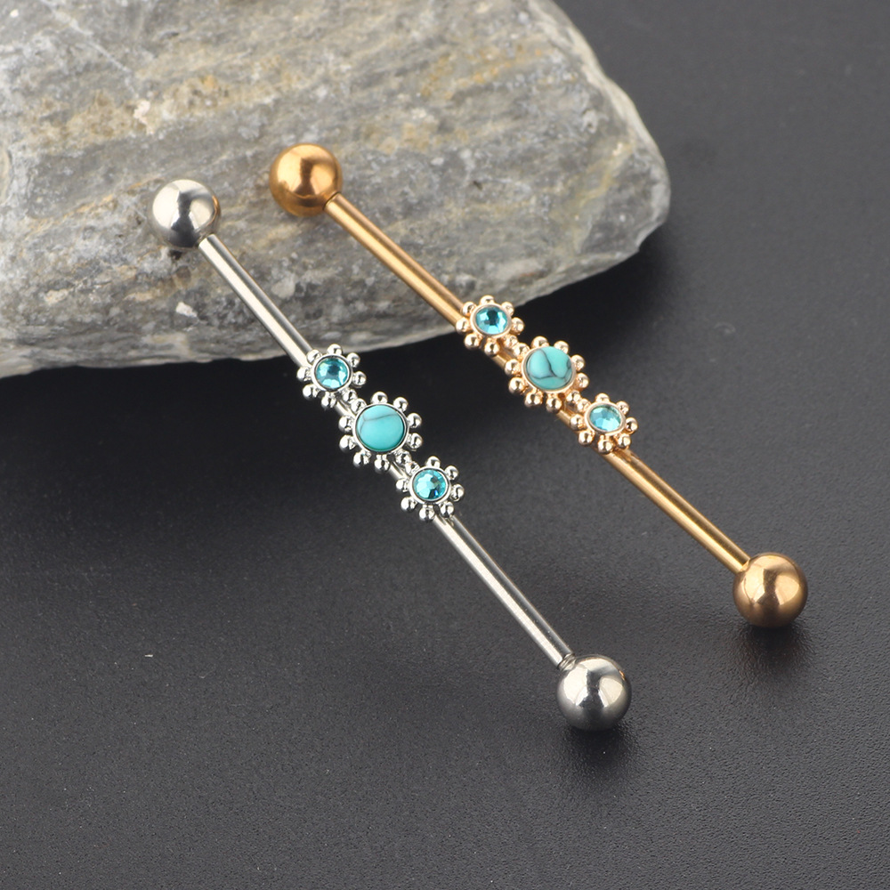 European American Industrial Barbell Cross Bar Piercing Jewelry 18K Gold Plated Stainless Steel Long Earring detail image 7