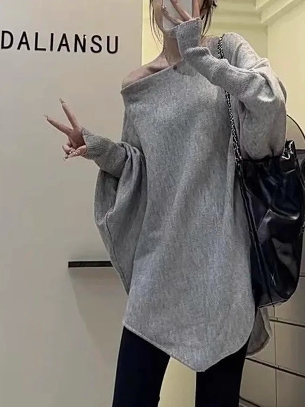 法式一字肩斗篷毛衣女秋冬2025新款慵懒风宽松软糯蝙蝠袖针织上衣|undefined