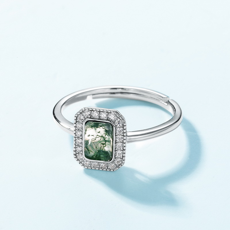 Anillo de ágata de hierba de agua natural cuadrada de nuevo estilo transfronterizo S925 anillo de apertura de piedra de musgo verde con incrustaciones de plata Personalización de moda
