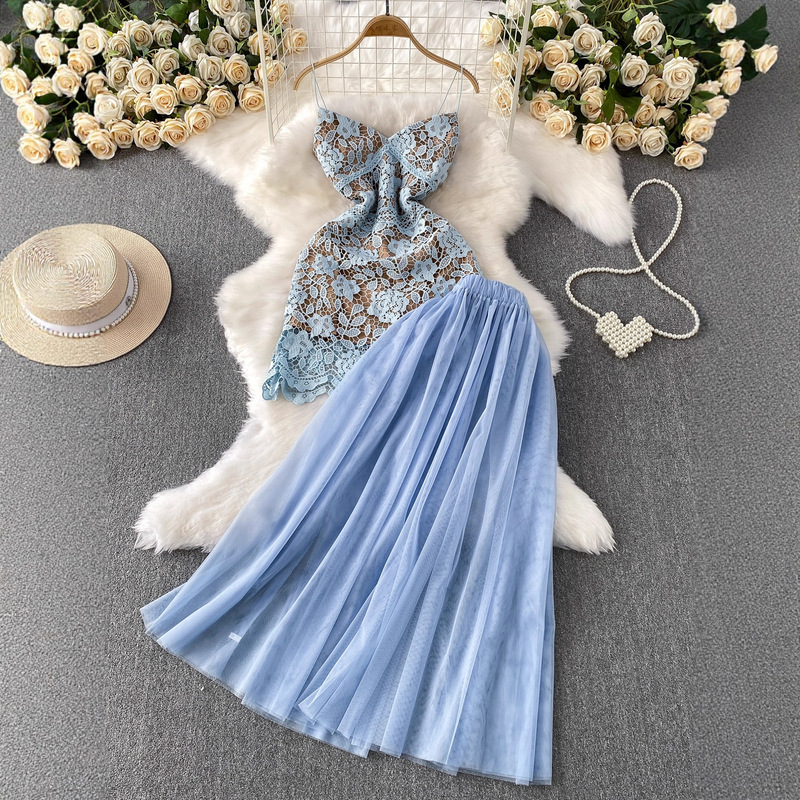 Carefully Selected High-End and Elegant Water-Soluble Lace Suspender Short Dress Two-Piece Set with High Waist, Slimming and Elegant Mesh Half