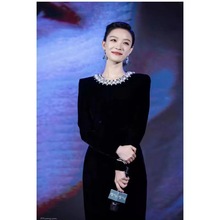 倪妮明星同款晚礼服裙长款手工钉珠长袖丝绒连衣裙气质露背裙2033