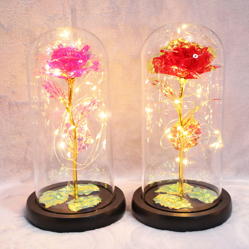 Everlasting flower LED lights gold rose trefoil dome glass cover Christmas mother Chinese Valentine's Day birthday gift