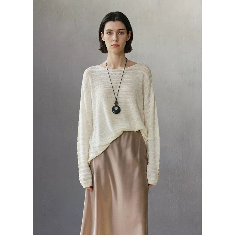 Luo Ke ▪ Tencel Linen Hollow-Out Cable Knit Pullover Thin Long-Sleeve T-Shirt Loose Air-Conditioning Knit Top for Women. Luo Ke ▪ Tencel Linen Hollow-Out Cable Knit Pullover Thin Long-Sleeve T-Shirt Loose Air-Conditioning Knit Top for Women.