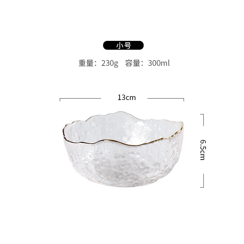 Venta al por mayor estilo nórdico patrón de martillo transparente borde dorado ensaladera de vidrio hogar plato de fruta de postre de alto aspecto vegetal