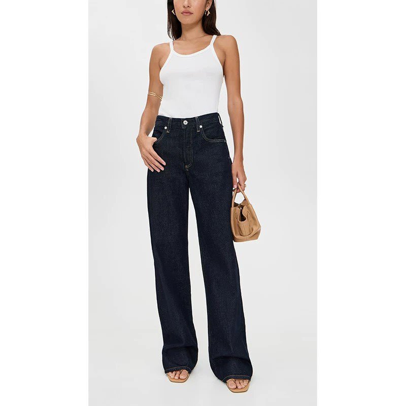 Citizens of America-Style Raw Denim Wide-Leg Jeans, Straight Long Pants, Floor-Length, Dark Blue, High-Waisted, Slimming, No Stretch Citizens of America-Style Raw Denim Wide-Leg Jeans, Straight Long Pants, Floor-Length, Dark Blue, High-Waisted, Slimming, No Stretch