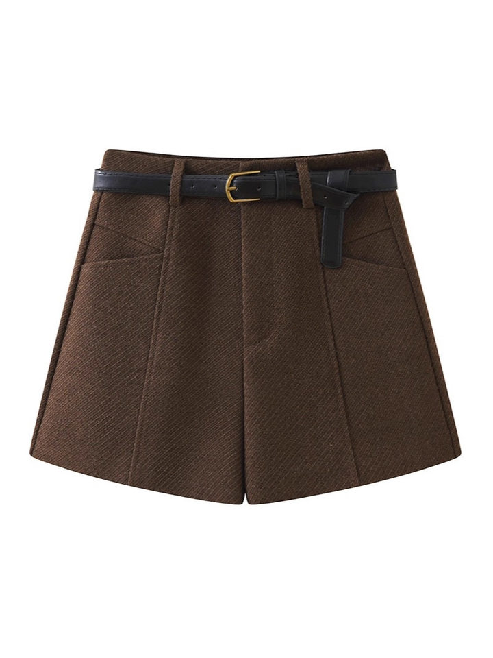 Quần short len cạp cao nữ dáng thẳng, phong cách thời thượng — Màu xám đậm (len nâng cấp), Màu đen (len nâng cấp)