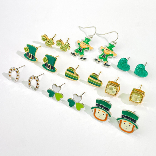Cross-border new style St. Patrick's Day Irish shamrock Hat Alloy Droplet Oil Three Piece Earring Set Decoration 