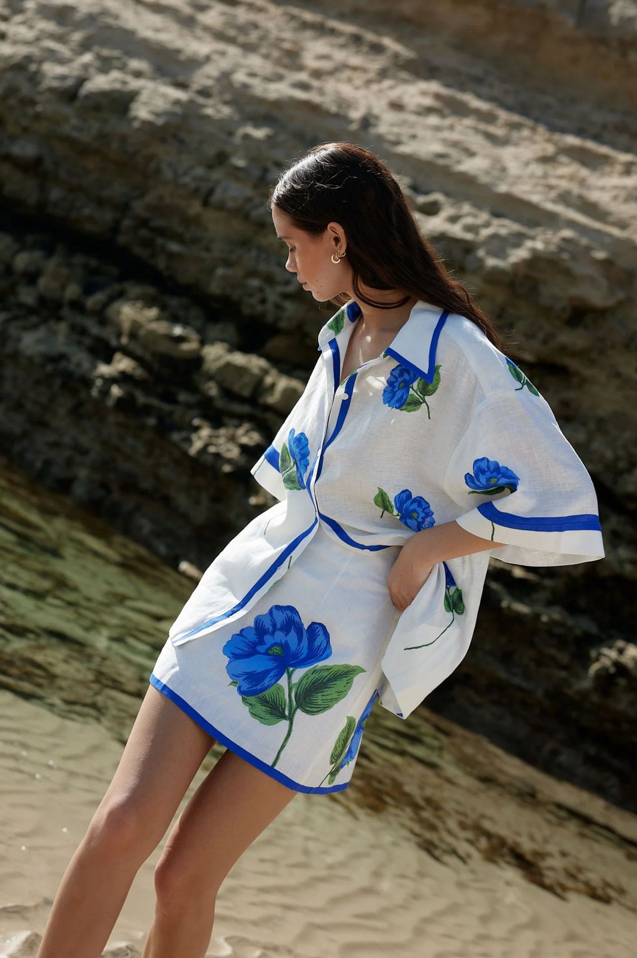Turndown Neckline Loose Fit Type Daily Beach Women's Casual Flower Linen Polyester Shorts Co-ord Set Skirt Sets