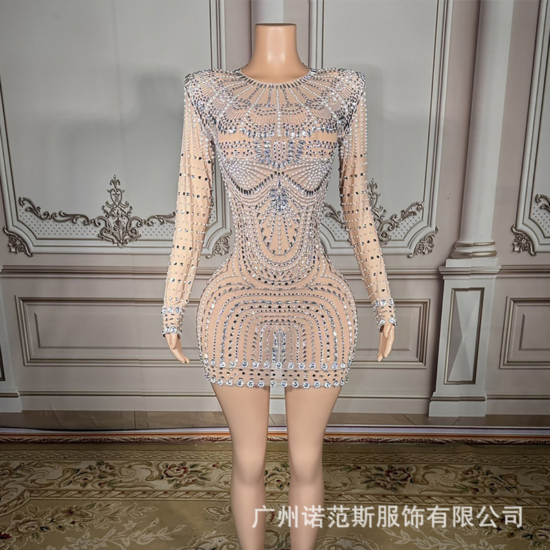 Unique Design Fine Glitter Rhinestone Slim Fit Hip-Hugging Short Dress Music Festival Club Singer Host Party Dress