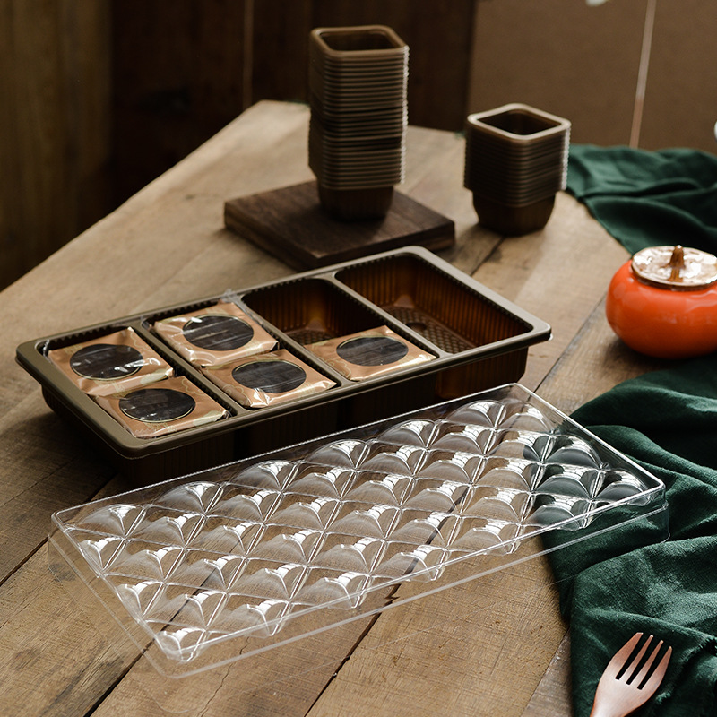 50g咖啡色流心月饼托吸塑包装盒内托八个装月饼包装塑料外盒