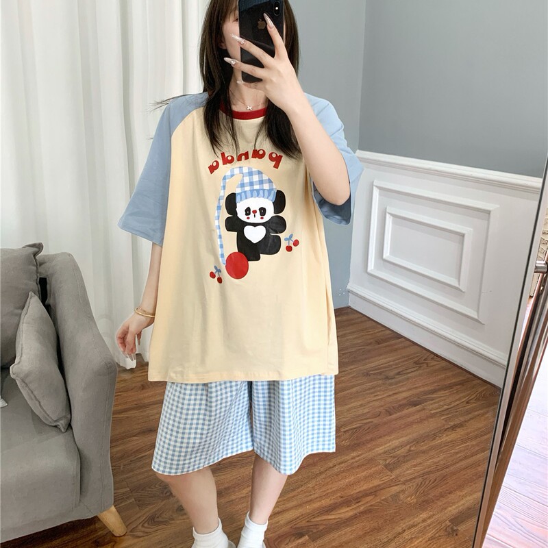 Short Sleeve Pajamas Women's Summer Cotton Cute Nightcap Panda Printed Home Clothes plus size 100.00kg Plaid Shorts suit