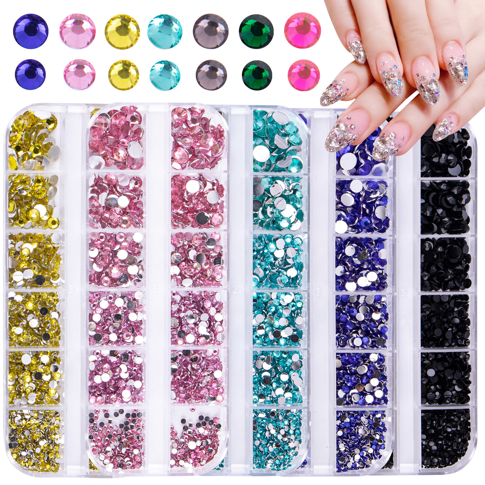 Joyas de uñas, diamantes planos, decoración de uñas, diamantes de imitación de fondo plano, 12 cuadrados, diamantes blancos, diamantes AB, diamantes, joyas de uñas mixtas de color