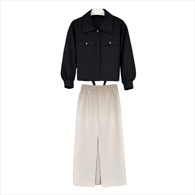 Autumn New Style Zhao Lusi's Same Style Black Puff Sleeve Short Jacket Slim Shirt Baseball Jacket