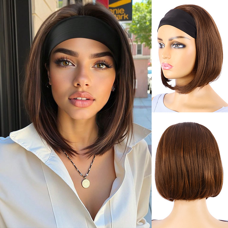 Cross-Border Wig European and American Ladies Brown Short Straight Hair Black Hairband Hood Bob Inner Buckle Wig Factory Direct Sale