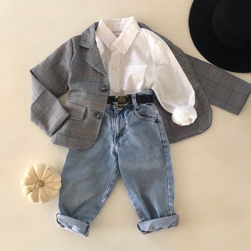 European and American children's clothing autumn new style girls white long-sleeved shirt high-waist denim trousers suit dropshipping