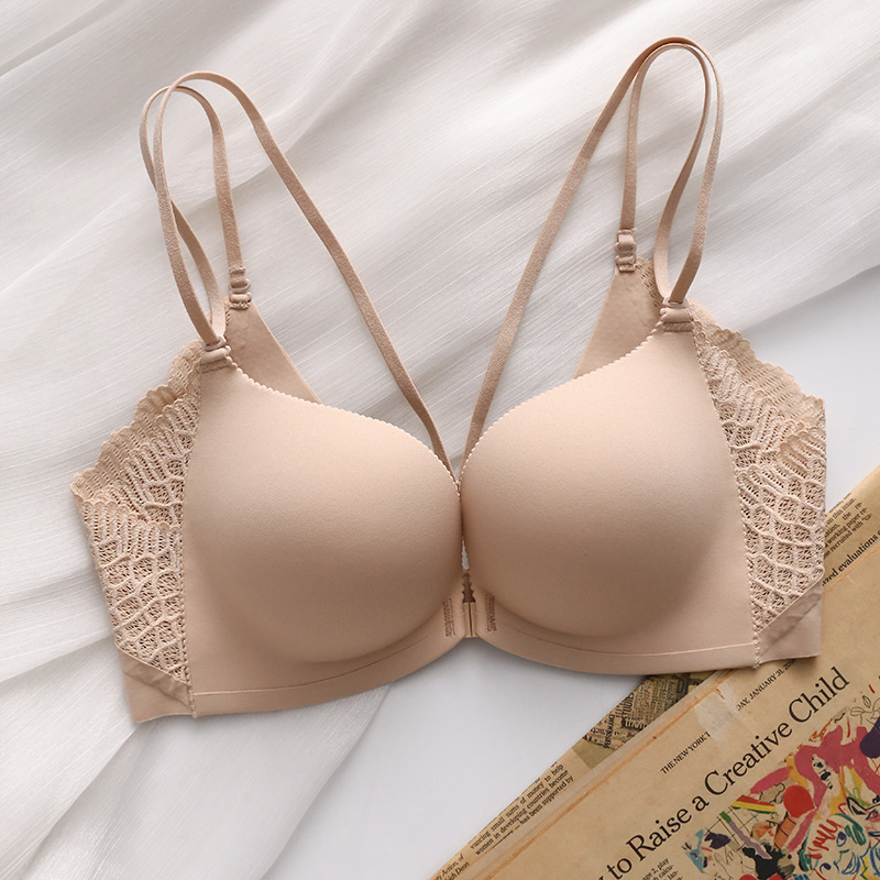 Botón delantero doble cinturón de hombro delgado conjunto de sujetador sin anillo de acero ropa interior sexy para mujeres pechos pequeños mostrando un gran bra de apoyo superior