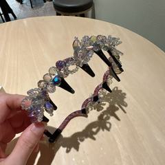 韓国のクリスタル歯付きフルダイヤモンドヘアフープ、シンプルでエレガントなレトロスタイル、多用途の細いヘアフープ、女性用レトロ風ヘアピン