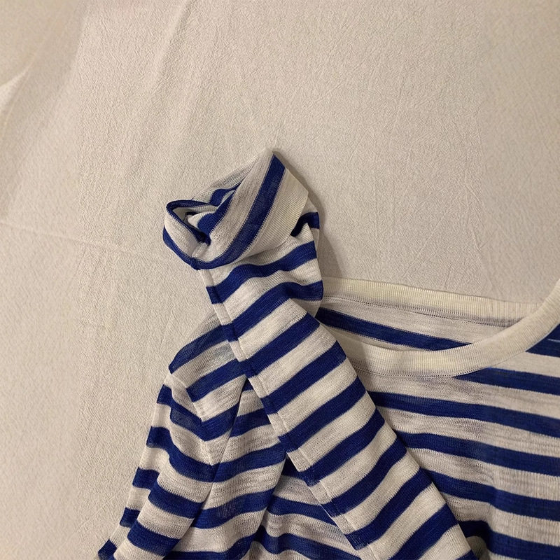 CHAO class recommend! Giant White ~ Navy Blue Tencel Linen Striped Crewneck Long Sleeve T-shirt Sunscreen Knitted Top