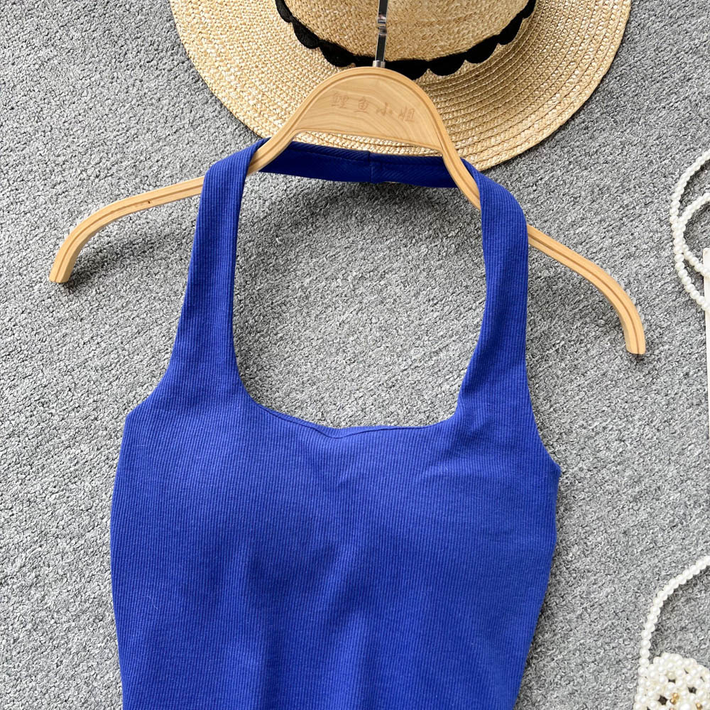 84g Weight Cotton, Rib Fabrics Fabric Type Short Top Length Vest Tops Type Holiday, Banquet, Daily Occasion Halter Neck Neckline Slim Fit Type Solid Color Pattern Summer Season Women's Gender Elegant, Streetwear Style Wholesale Women's Elegant Streetwear Solid Color Tank Tops 22